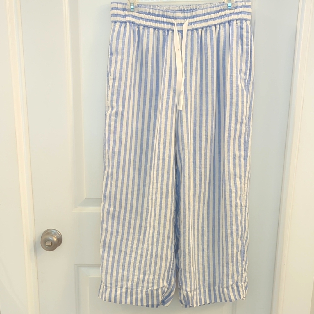 J. Crew Blue and White Striped Wide Legged Cropped Linen Pants
